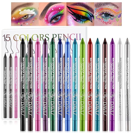 15 Colorful Eyeliner Pen Set, Shadow Pencil, Pearl Eyeliner Kit Metallic Glitter Eyeliner for Women Eye&Lip Liner Professional Colorful Eyeliner Eye Color Eye Makeup Set(15PCS)